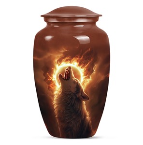 Urna Funeraria Marrón para Cenizas de Adultos con Diseño de Lobo Uluglante y Sol Ardiente, Urna Grande y Duradera de Aluminio - Product Image 1