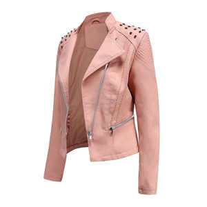 Chaqueta de cuero estilo motorista rosa claro para mujer, informal, ajustada, con tachuelas, hombros, bolsillos asimétricos con cremallera, remache, viscosa - Product Image 3