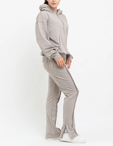 Women's Gray Hooded Tracksuit Set Full Sleeve Solid Color Casual Split Hem <b>Pants</b> With Side Pockets Breathable - Product Image 3
