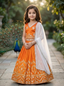 Shoryam Fashion - Lehenga Choli Naranja para Niñas, con Trabajo de Espejos, Tafetán de Seda, Largo hasta el Suelo, Ropa Étnica Tradicional India para Fiestas - Product Image 5