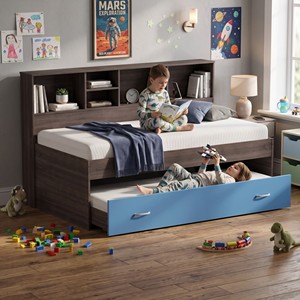 Lit superposé moderne 2223 pleine taille avec lit gigogne, bibliothèque, tête de lit, étagères de rangement, panneau en bois, meubles de chambre d'enfant - Product Image 1