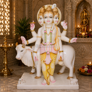 Handcrafted White Marble Lord Dattatreya Statue with Kamadhenu Cow | Premium Marble Temple Murti by MALIYAS Jaipur - Product Image 1