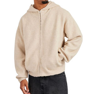 Sweat à capuche zippé en maille beige oversize pour homme, couleur unie, anti-boulochage, coupe classique, idéal pour l'automne - Product Image 3