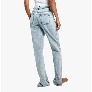 Pantalones vaqueros de mezclilla para mujer, personalizados para la temporada de otoño, con detalles de costuras en lavado oscuro, venta al por mayor, con dobladillo elástico y bolsillos tipo cargo - Product Image 2