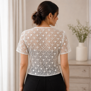 Women White <b>Mirror</b> Work Mesh Top Embellished Round Neck Half Sleeve Party Blouse Handmade Sequin Designer Evening Fashion Wear - Product Image 3