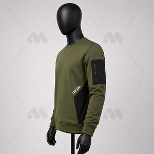 เสื้อสเวตเชิ้ตคอกลมสีเขียวมะกอกสำหรับผู้ชาย ทรงปกติ ดีไซน์กระเป๋าเสื้อ สวมใส่สบาย โลโก้ที่แขนซ้าย สไตล์ฤดูใบไม้ร่วง - Product Image 2