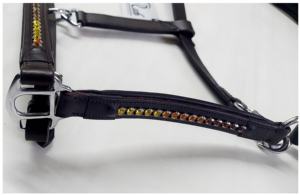 Brida de caballo de alta calidad, relleno de cuero suave genuino negro, latón macizo, variedad de colores, amarillo, naranja, rojo, nailon - Product Image 5