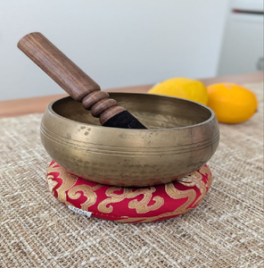 Handcrafted gold-etched bowl held gracefully on a <b>red</b> <b>silk</b> ring For Chakra Cleaning Balancing Healing Sound Therapy at wholesale - Product Image 4