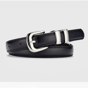 เข็มขัดหนังวัวสีดำพร้อมหัวเข็มขัดเงินทรงสี่เหลี่ยมสไตล์ลำลอง - Product Image 3
