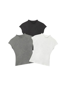 Top Corto de Cuello Alto Gris para Mujer, Manga Corta, Ajustado, de Punto, Algodón, Estilo Minimalista para Primavera/Verano - Product Image 5