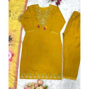 Bhojal, Diseñador de Moda, Ropa India y Pakistaní, Elegante Conjunto de Fiesta, Top y Pantalón con Dupatta Elegante, Amarillo, Talla M - Product Image 5