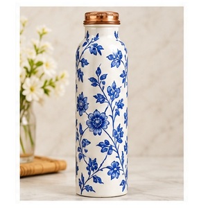 Blue Floral Pattern <b>Metal</b> <b>Water</b> <b>Bottle</b> With Copper Lid Portable Travel Use - Product Image 1