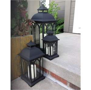 Juego de tres piezas de metal negro para mesa, portavelas tipo linterna, hecho en India, para decoración del hogar, hotel, restaurante, boda, oficina, el mejor. - Product Image 1