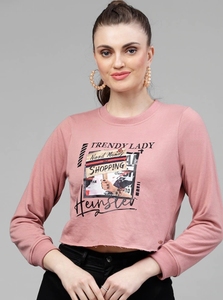 Sudadera Corta Estampada Moderna para Mujer, Cuello Redondo, Manga Larga, Informal, Color Rosa, Tejida, para Otoño - Product Image 1