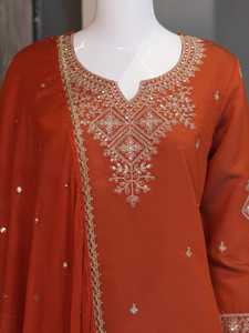 Conjunto de Salwar Kameez bordado naranja, vestido pakistaní para mujer con chal, cuello en V, traje para fiesta y boda - Product Image 5