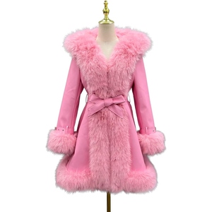 Manteau en cuir de luxe pour femmes, col en fourrure, ceinture, long manteau d'hiver, fournisseur de vêtements sur mesure de qualité supérieure en gros - Product Image 2