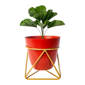 Red <b>Metal</b> Flower Planter Pot with Iron <b>Stand</b> Modern Elevated <b>Plant</b> Holder for Stylish Indoor Garden Decor - Product Image 4