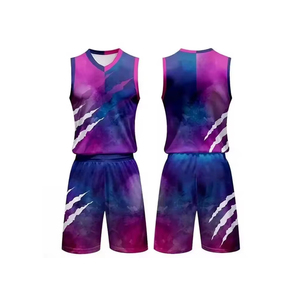 Ensemble d'uniformes de basketball 2026 – Impression par transfert thermique, couleurs personnalisées, dégradé violet-bleu, motif griffe, polyester respirant, pour hommes - Product Image 1