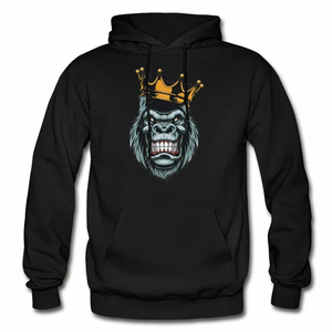 Men's Black Hoodie With Gorilla <b>King</b> <b>Crown</b> Print Casual Streetwear Front Logo Design Regular Fit - Product Image 1