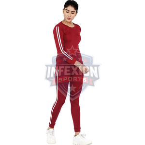 Ensemble de survêtement pour femmes, rouge, manches longues, col rond, couleur unie, respirant, en coton et élasthanne, décontracté, pour l'automne - Product Image 2