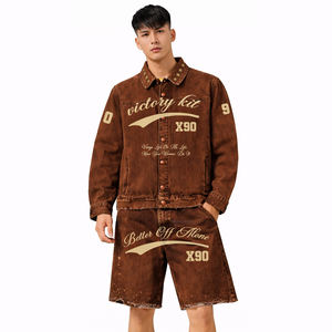 Conjunto de Mezclilla Vintage Lavada para Hombre, Modelo 2026, Chaqueta y Pantalones Cortos Marrones, Estilo Urbano Informal, Moda de Verano, Estilo Europeo y Estadounidense X90 - Product Image 1