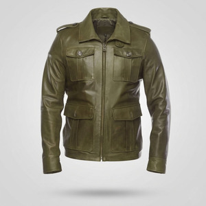 Custom Wholesale Men's Olive Green <b>Leather</b> <b>Jacket</b> Safari Style Slim Fit Genuine Lambskin Multi-Pocket Outerwear Coat - Product Image 2