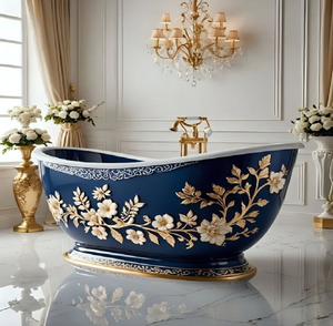 Bañera floral en tono azul oxidado con patas de latón pulido, disponible a precios de mayorista. - Product Image 2