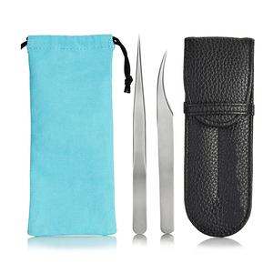 Heavy Duty Tweezers for <b>Eyelashes</b> <b>Extensions</b> Straight Curved C Shaped Pointed Tips 2 Pieces Set With Leather Pouch - Product Image 1