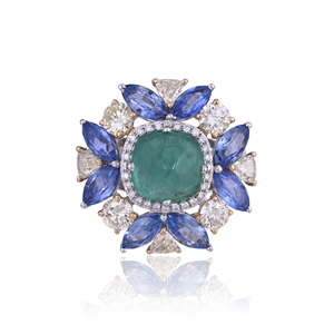 Anillo Floral de Plata de Ley 925 con Esmeralda y Zafiro Azul, Engaste de Garras, Halo de Circonita Cúbica, Banda de Eternidad Elegante para Mujer - Product Image 3