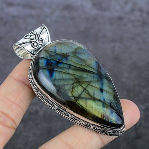 Pendentif en labradorite naturelle en forme de goutte d'eau, pierres précieuses en forme de poire, plaqué argent, bijoux bohèmes unisexes, cadeau de mariage - Product Image 3