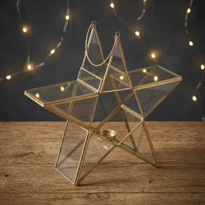 Magnifique porte-bougie en métal géométrique en forme d'étoile avec panneaux en verre et insert en verre, parfait pour de magnifiques décorations de fêtes. - Product Image 5