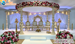 Mandap rond en bois sculpté sur le thème vintage pour mariage, inspiré du mariage indien, Mandap rond en bois pour mariage au Canada - Product Image 2