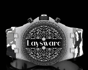 Montre de luxe personnalisée en moissanite avec bracelet en silicone camouflage gris et finition entièrement sertie de diamants - Product Image 1