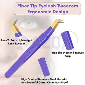 Pince à épiler pour extensions de cils en acier inoxydable, revêtement poudré violet, best-seller, avec pointe en fibre dorée pour l'application des cils - Product Image 4