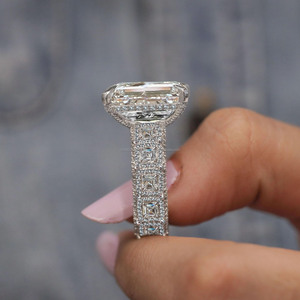 Emerald & Round Cut Moissanite Diamond Halo Engagement <b>Ring</b> <b>Iced</b> Out Style Hidden Halo Solitaire Wide Band Cocktail Wedding <b>Ring</b> - Product Image 6