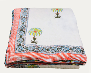 Handmade Reversible Block Print Cotton <b>Quilt</b> with Palm Tree Pattern Bohemian Style Red Striped Border All-Season Home Use - Product Image 2