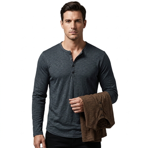 Men's Long Sleeve Henley T-Shirt Knitted Regular Fit Casual Solid Color Button-Up Front Logo Breathable V-Neck 100% Cotton - Product Image 5