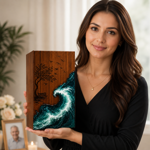 Handmade Wood Resin Cremation Urn Ocean Wave Memorial <b>Ashes</b> Box Art Deco Tabletop Keepsake <b>Casket</b> - Product Image 6