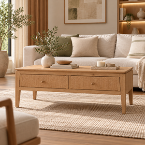 Rectangular Oak Wood Coffee <b>Table</b> <b>With</b> Two <b>Drawers</b> For Modern Home Living Room Furniture OEM Manufacturing - Product Image 2