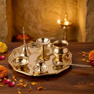 Juego de Thali de Metal Premium para Pooja con Diseño Grabado Shubh Labh, Acabado Dorado, Bandeja Decorativa para Puja con Campana Tradicional y Diya - Product Image 1