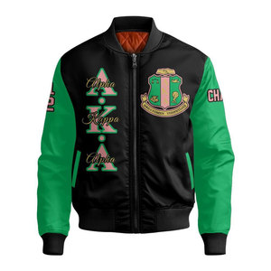 Chaqueta Bomber Rosa Alpha Aka con Letras Griegas Verdes y Diseño de Escudo, Chaqueta Casual Unisex con Cierre Frontal - Product Image 5