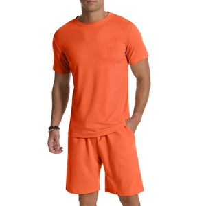 Conjunto de camiseta y pantalones cortos casuales color naranja para hombre, cuello redondo, color sólido, tela transpirable de punto, ropa de verano, chándal para hombre - Product Image 6