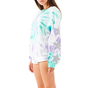 เสื้อสเวตเชิ้ตผู้หญิงแบบสั่งทำพิเศษ ลายมัดย้อม สีมิ้นท์ไลแลค แขนเสื้อประดับกลิตเตอร์รูปดาว ทรงโอเวอร์ไซส์ คอกลม เสื้อพูลโอเวอร์ผ้าฝ้าย แฟชั่น OEM ขายส่ง - Product Image 1
