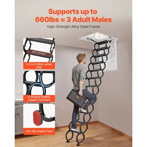 Scala per Soffitta in Acciaio Legato con Capacità di 299,4 KG (660 LBS), Dimensioni di Apertura 39,4 x 27,5 Pollici, Adatta per Altezze del Soffitto da 10,5 a 11 Piedi - Product Image 3