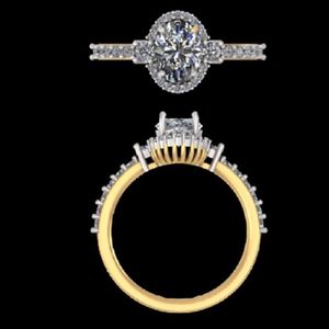 Exquisite Oval Cut Diamond Engagement <b>Ring</b> with Brilliant Halo and Pave Set Side <b>Stones</b> in Sophisticated <b>Two</b> Tone Gold Design - Product Image 3