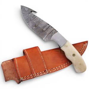Cuchillo de caza y bushcraft de hoja fija de 8 pulgadas, hecho a mano, de acero de Damasco, con mango de hueso y funda, personalizable para bricolaje y OEM, para camping al aire libre - Product Image 1