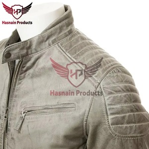 Chaqueta de Cuero Genuino Gris para Hombre, Corte Ajustado, Estilo Motero, Cafe Racer, de Piel de Vacuno, con Hombros Acolchados, Personalizada, Clásica, de Moda - Product Image 3