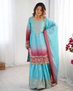 Elegante Sharara Azul Cielo con Trabajo de Moti River, Conjunto de 3 Piezas de Seda Chinon con Codificación Dori, Lentejuelas y Remaches, Top y Palazzo - Product Image 3