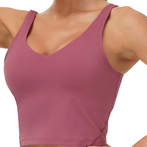 Women V-Neck Spaghetti Strap <b>Crop</b> <b>Top</b> Solid Color Breathable Yoga Tank <b>Top</b> Medium Support Seamless Activewear - Product Image 2