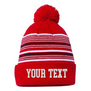Bonnet d'hiver en tricot personnalisé avec broderie, bleu rayé, pompon, unisexe, pour adulte - Product Image 2